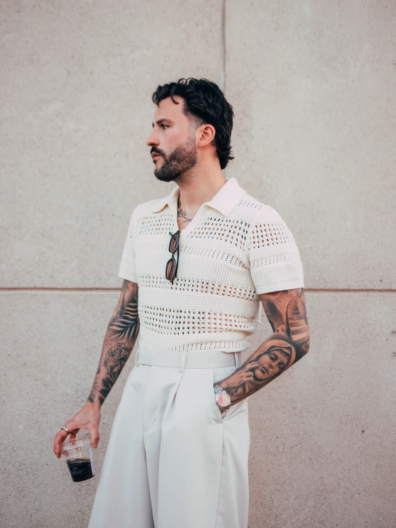 Open-Knit Cream Polo with High-Waisted Pleated Trousers
