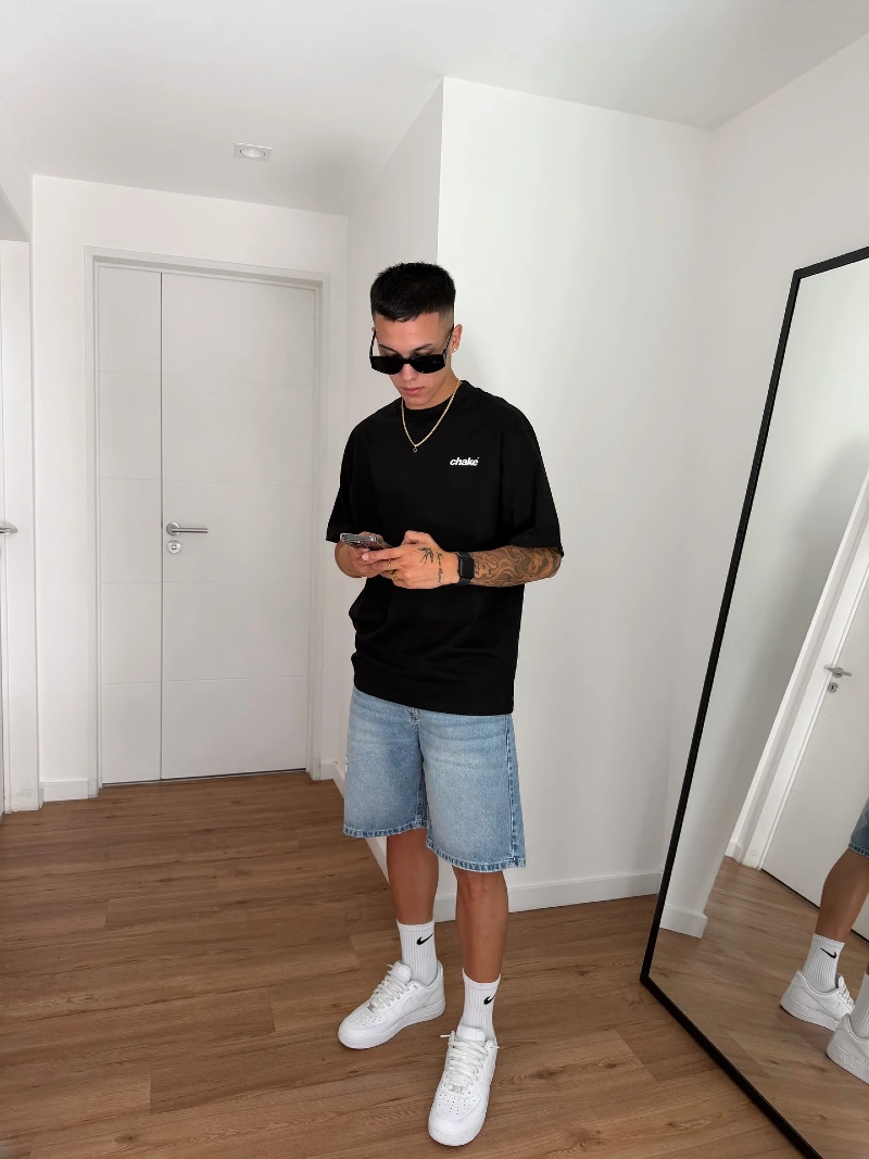 Oversized Black Tee with Light Wash Baggy Shorts