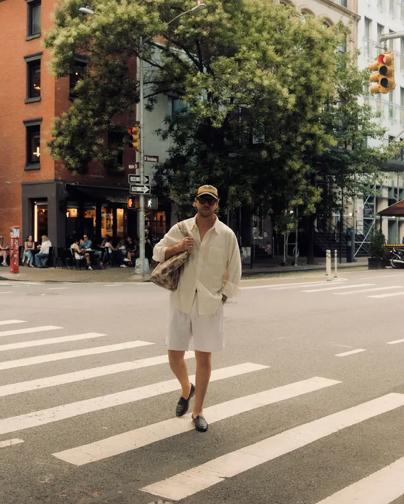 Oversized Cream Button-Down with White Shorts and Black Loafers