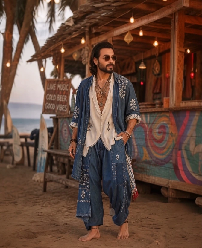 Oversized Denim + Patterned Layers - Capturing Essential Beachside Free-Spirit