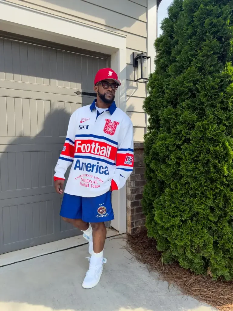 Oversized Long-Sleeve Graphic Polo with Blue Athletic Shorts