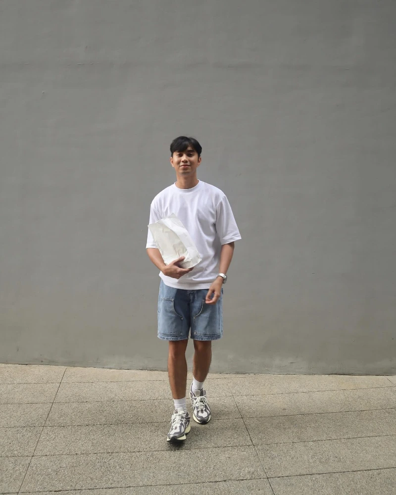 Oversized White Tee with Stitched Pocket Denim Shorts