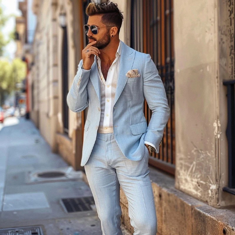 Pale Blue Linen Suit with Crisp White Dress Shirt