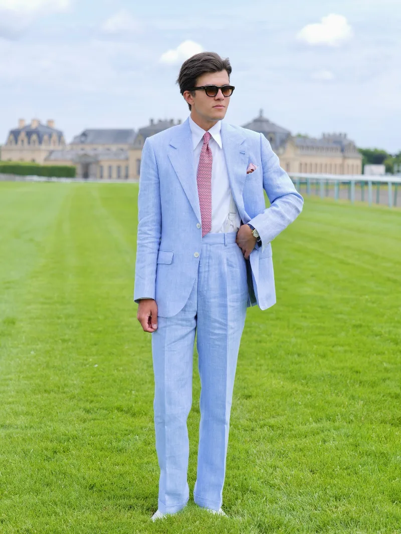Pale Blue Linen Suit with Pink Tie and White Suspenders