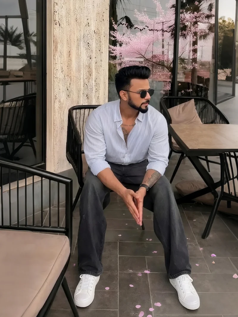 Pale Striped Shirt with Charcoal Jeans and White Sneakers