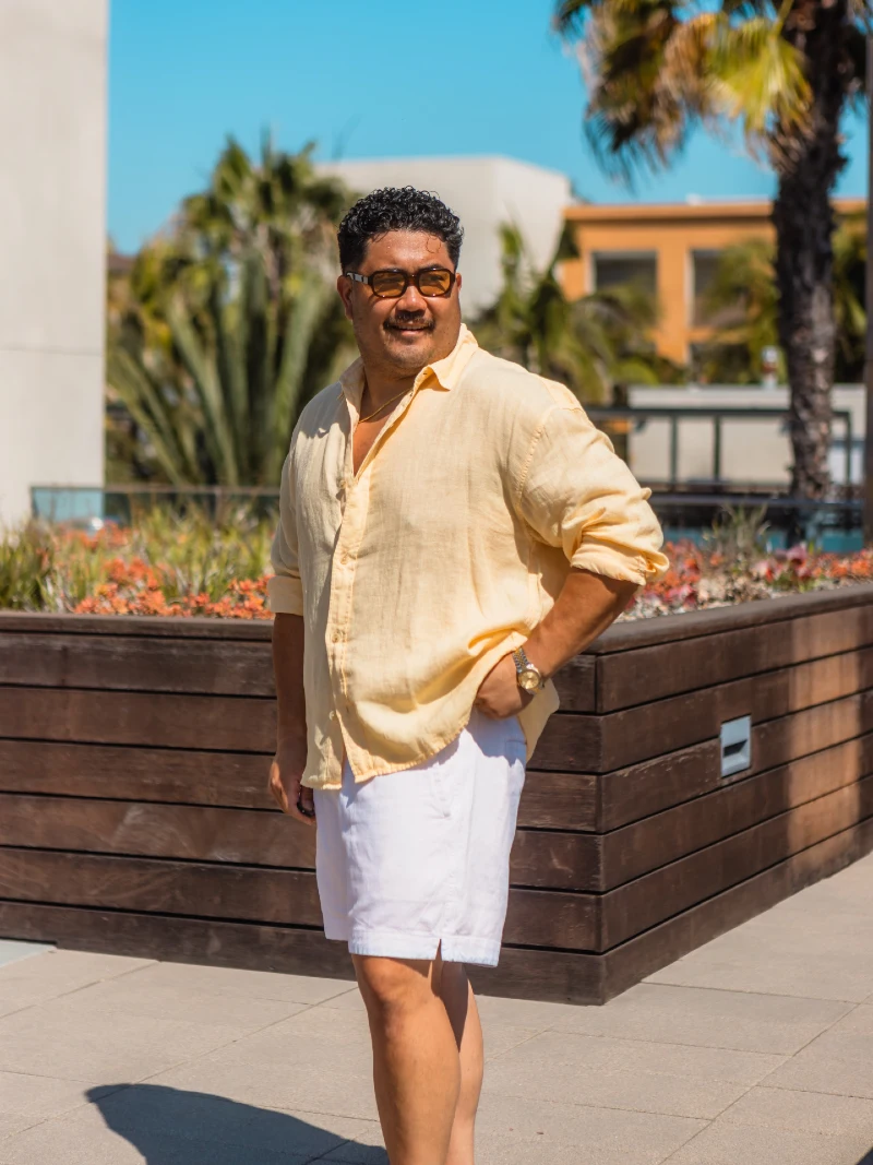 Pale Yellow Linen Shirt with White Summer Shorts