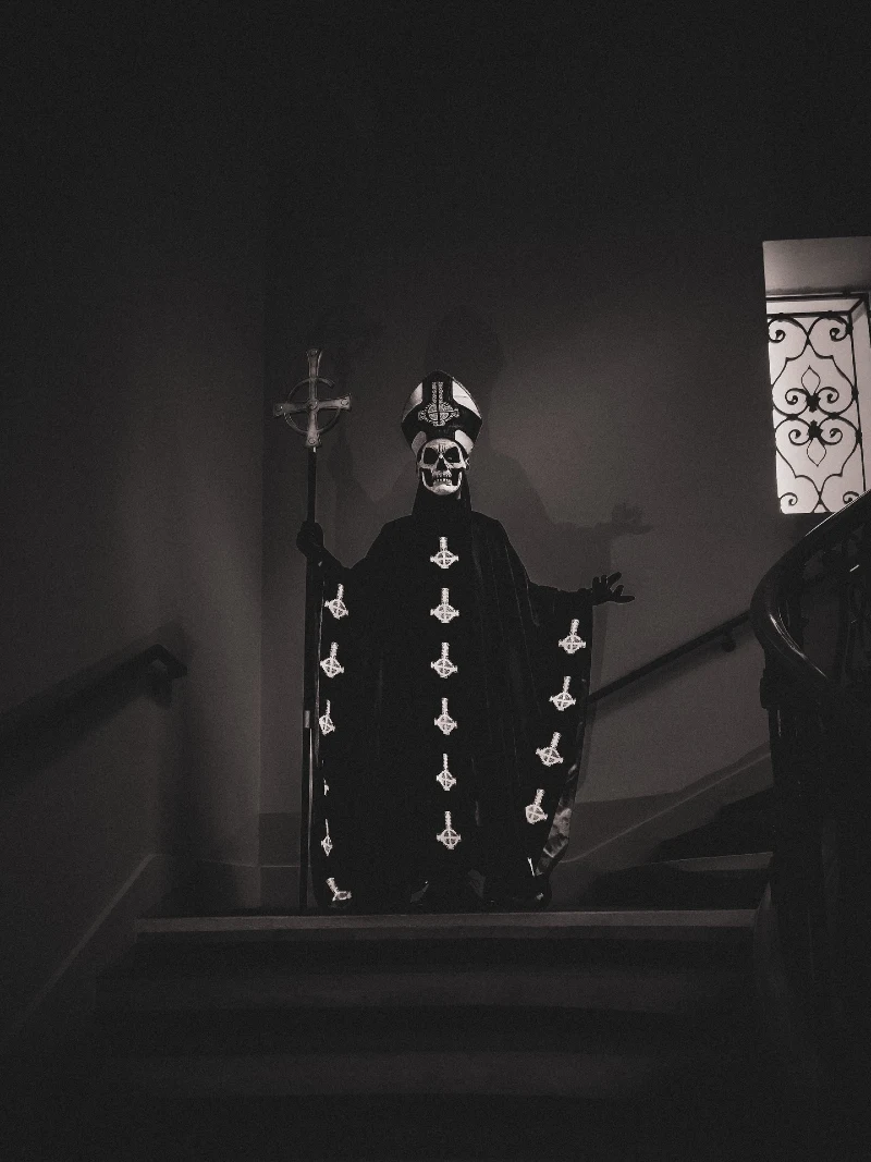 Papal Ghost Robe with Inverted Cross Vestments, Mitre Hat, and Crosier