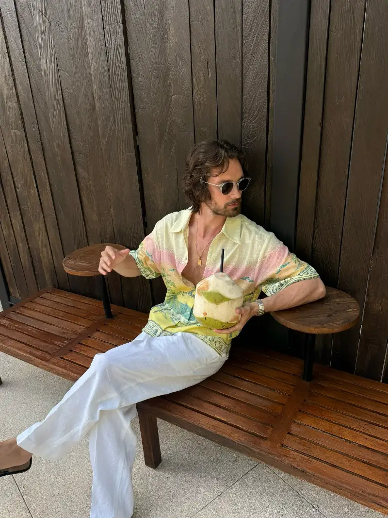 Pastel Gradient Camp Shirt with White Linen Trousers