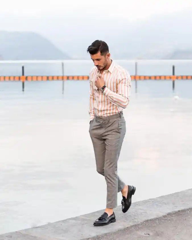 Peach Striped Shirt & Textured Grey Trousers - Elevating Waterfront Smart-Casual