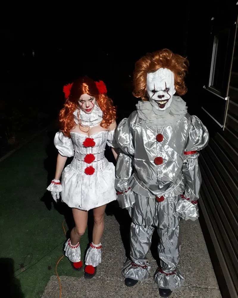 Pennywise Couple with Silver Metallic Clown Suit and White Ruffled Mini Dress