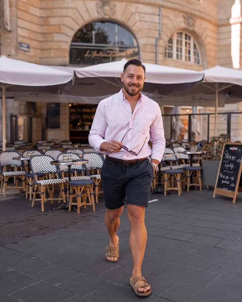 Pink Striped Oxford Shirt with Navy Shorts and Suede Sandals