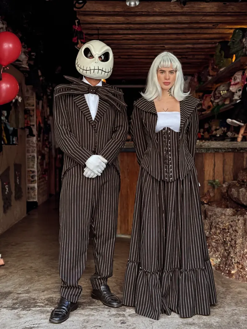 Pinstripe Jack Skellington Suit with Batwing Lapels and Leather Dress Shoes