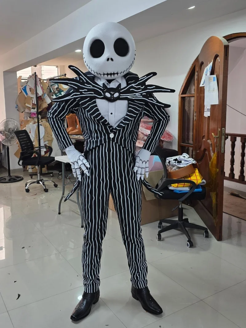 Pinstripe Suit with Bat Wing Collar and Giant Skellington Mask