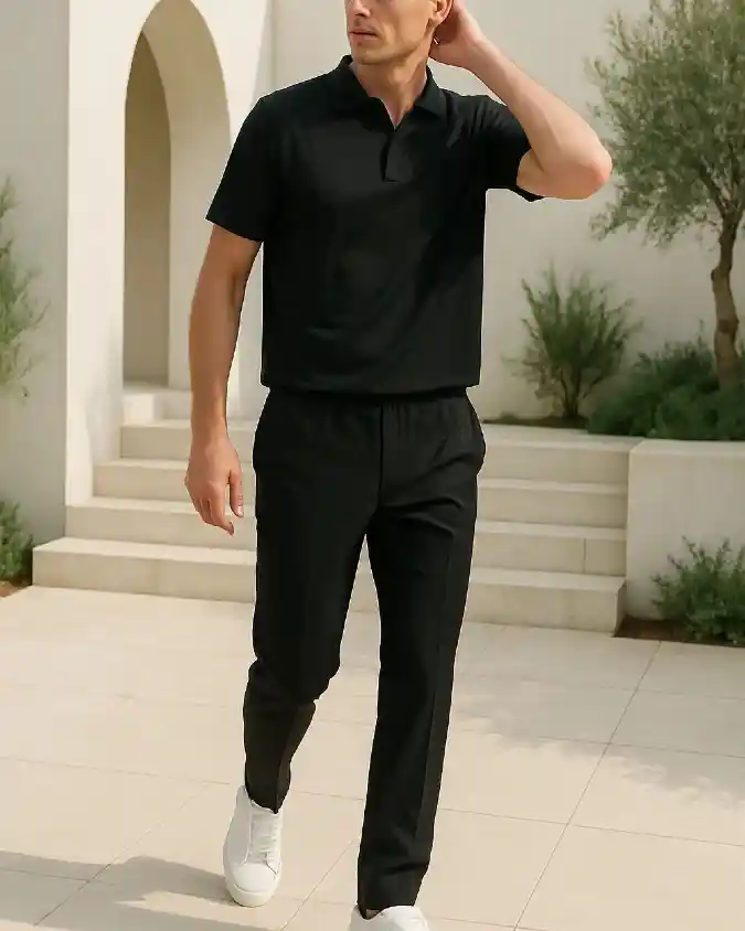 Pitch Black Knitted Polo & Straight-Leg Trouser - Elevating Urban Minimalism