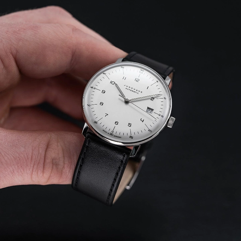 Polished German Automatic with White Dial and Black Leather