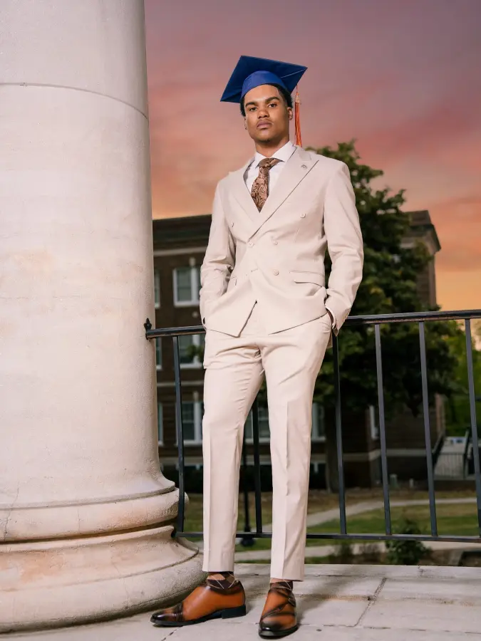 Polished Tan Double-Breasted Suit – Modern Summer Graduation Attire