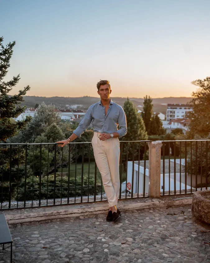 Powder Blue Shirt and Cream Trouser - High-Elevated Poolside Drinks