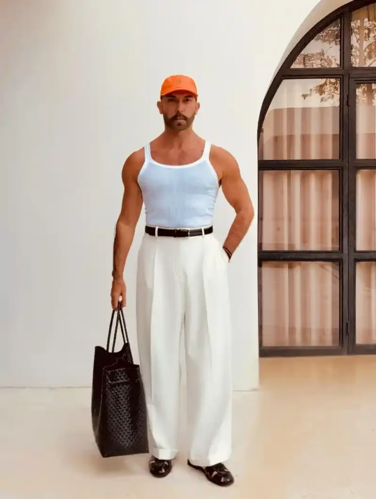 Powder Blue Tank & Pleated White Trousers – Refined Resort Core