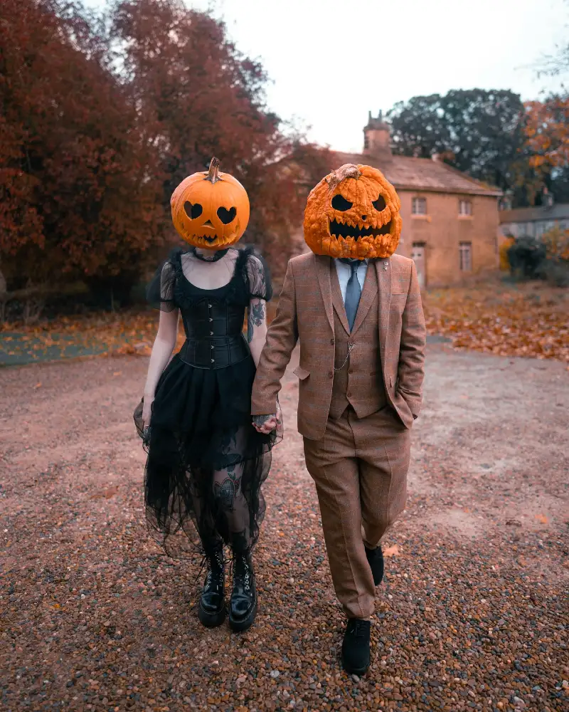 Pumpkin Head Couple with Brown Tweed Suit and Black Corset Dress