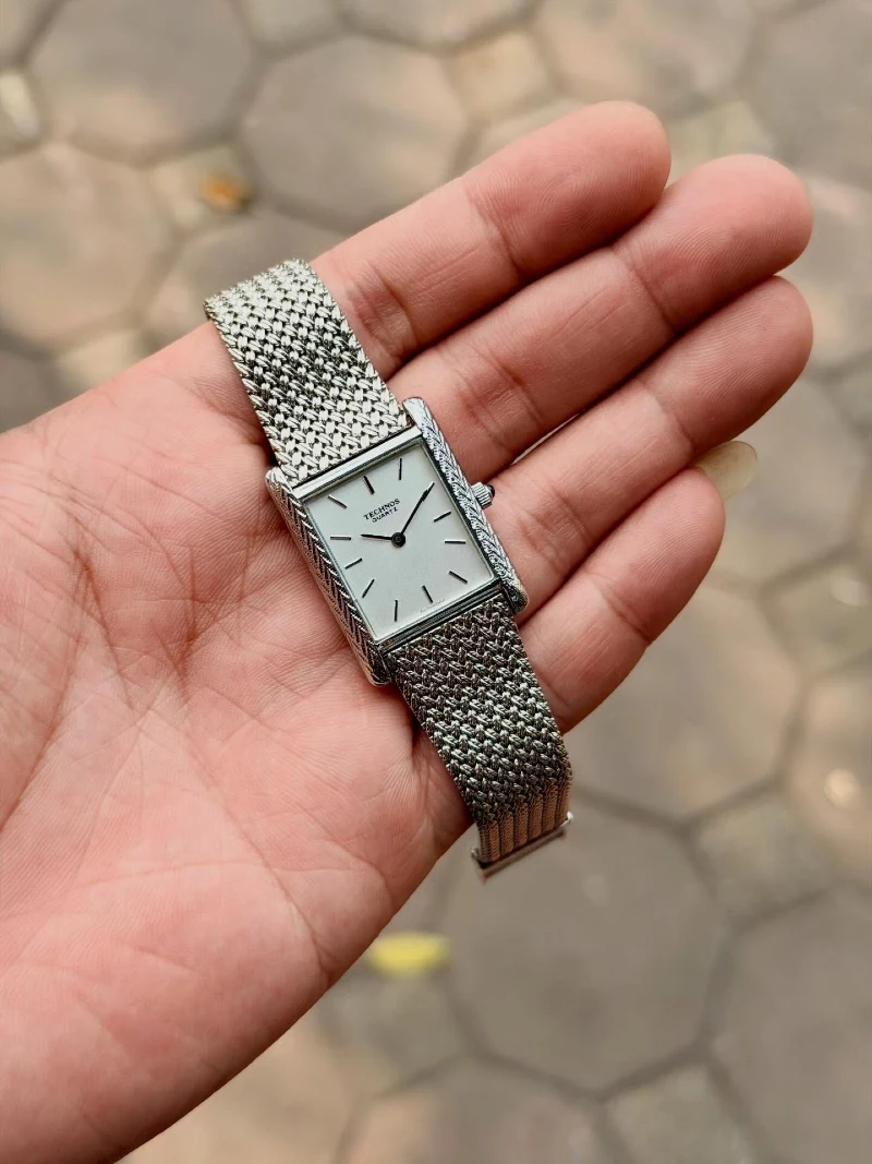 Rectangular Textured Silver Watch with Woven Mesh Bracelet