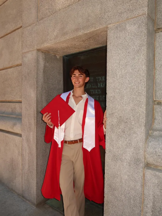 Red Academic Gown and Tan Chinos - Classic Meets Polished Grad Style
