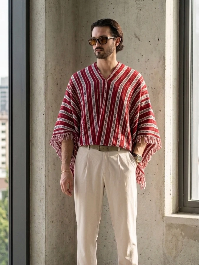 Red Striped Artisanal Poncho and Cream Pleated Trousers - Reimagining Bohemian Cool for the City