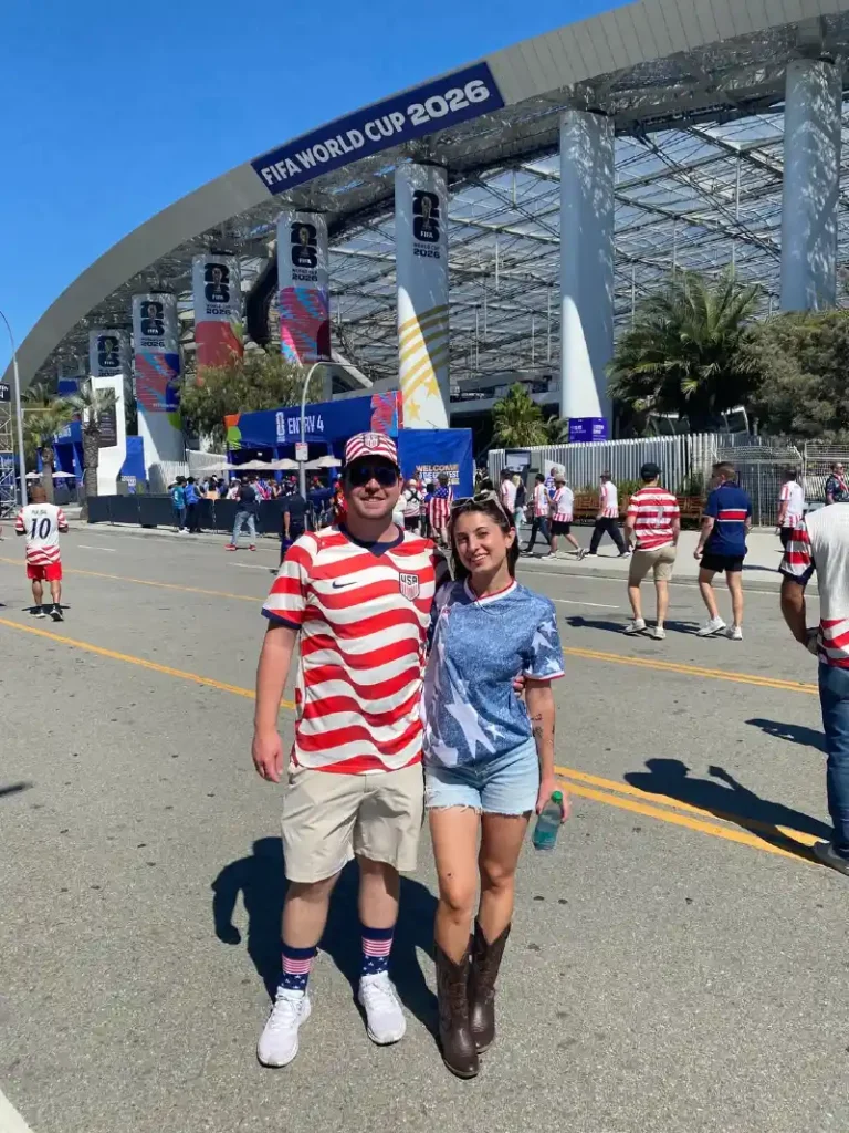Red and White Striped Jersey with Khaki Shorts