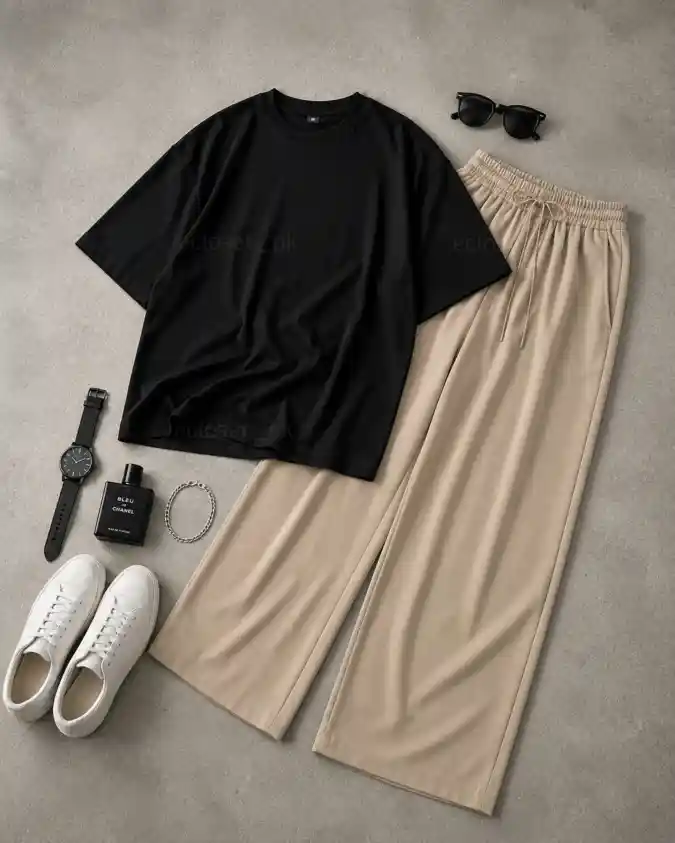 Relaxed Black Tee and Loose Khaki Trousers – Effortless Summer Cool