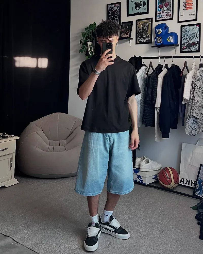 Relaxed Black Tee with Baggy Light Wash Denim Shorts