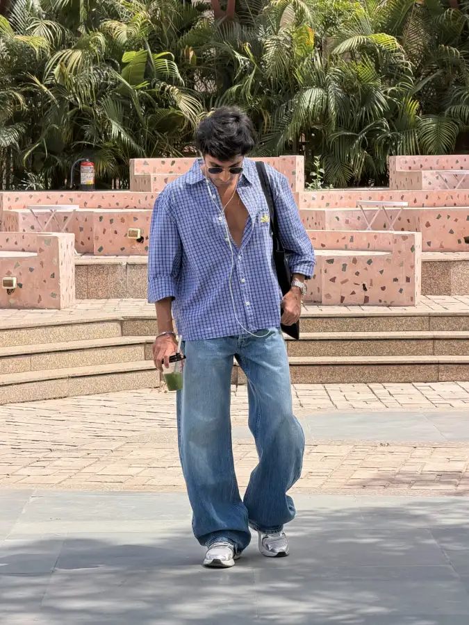 Relaxed Blue Denim & Textured Shirt Urban Streetwear - Redefining Summer Brunch Outfits for Men