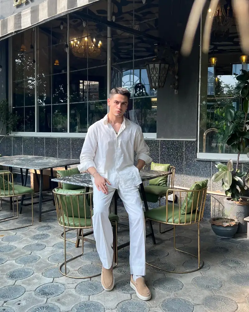 Relaxed Linen Overshirt with Straight Trousers and Tan Slip-Ons