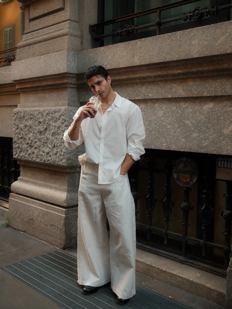 Relaxed White Button-Down with Wide Striped Trousers