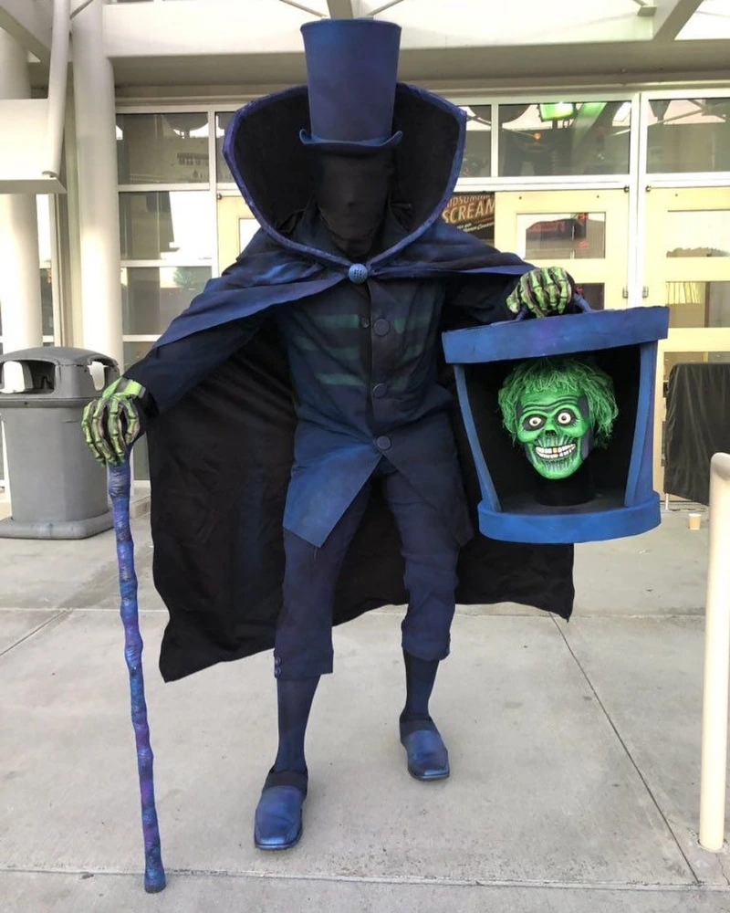 Royal Blue Hatbox Ghost Costume with High Collar Cape and Top Hat
