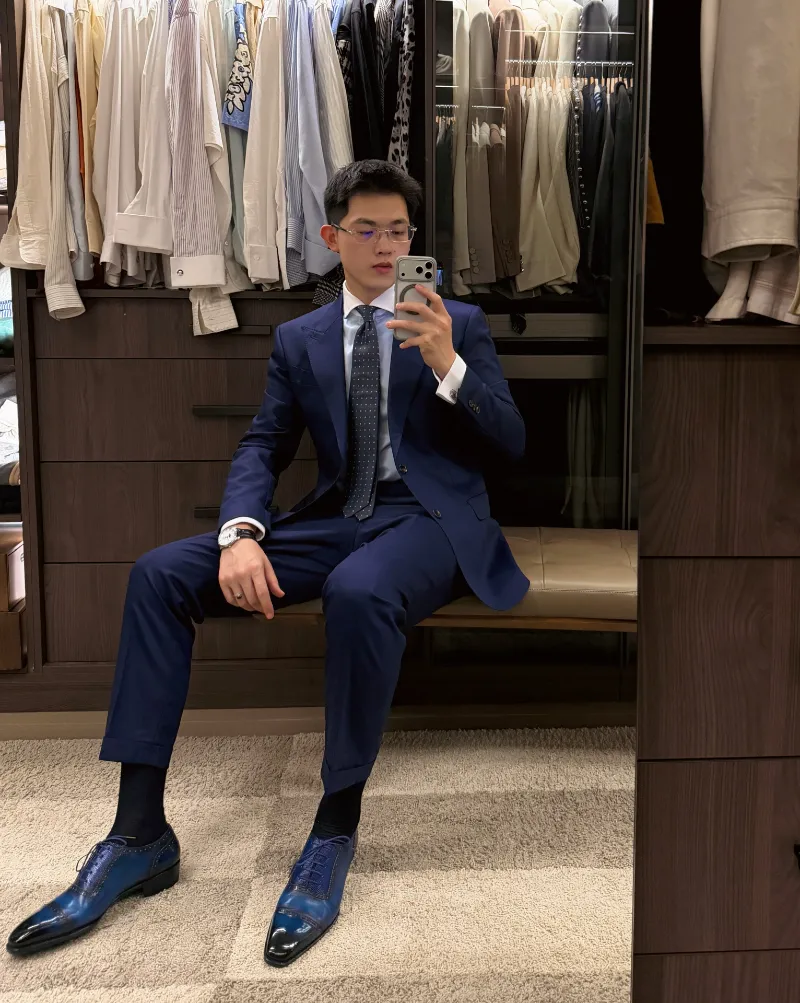 Royal Blue Peak Lapel Suit with Burnished Blue Oxfords