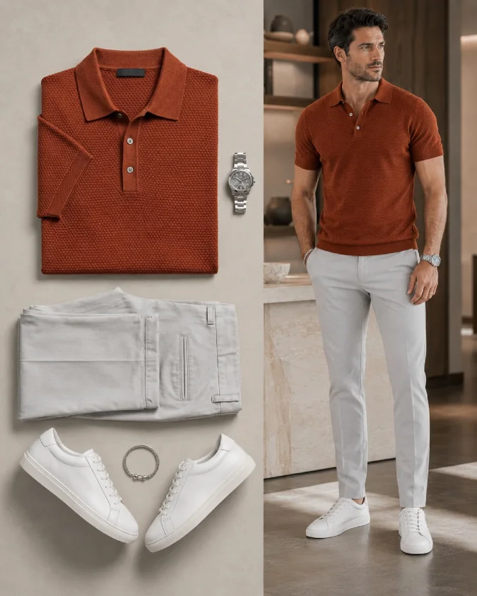 Rust Orange Knitted Polo and Light Gray Trousers - Smart-Casual Office Core