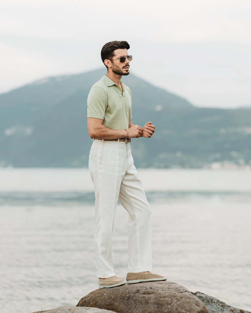 Sage Green Knit Polo with Cream Trousers and Taupe Loafers