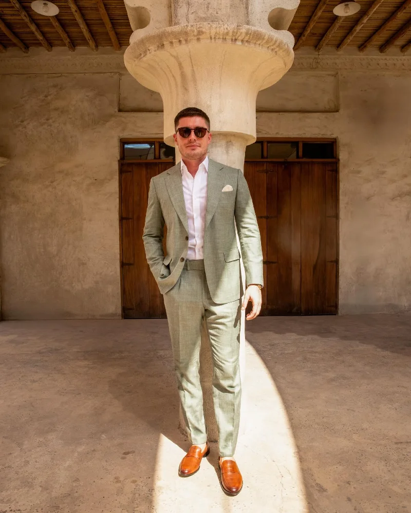 Sage Green Linen Suit with White Shirt and Cognac Loafers