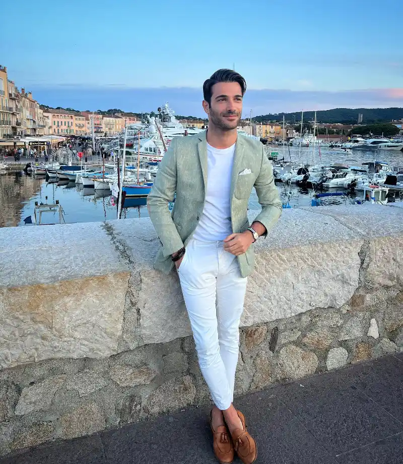 Sage Green Textured Blazer with White T-Shirt and Tassel Loafers