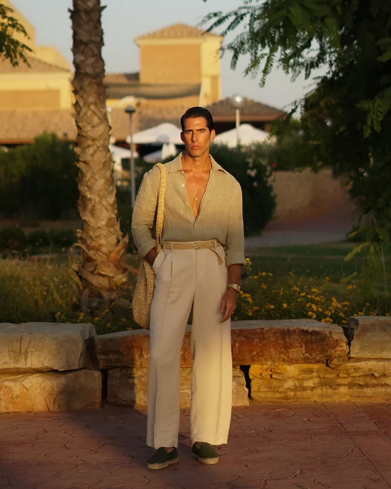 Sage Linen Shirt with Pleated Cream Trousers and Espadrilles