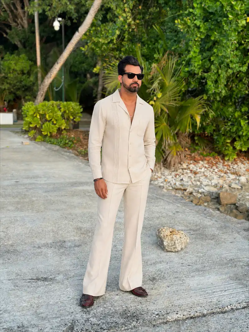 Sand Guayabera-Style Shirt with Flared Trousers and Burgundy Loafers