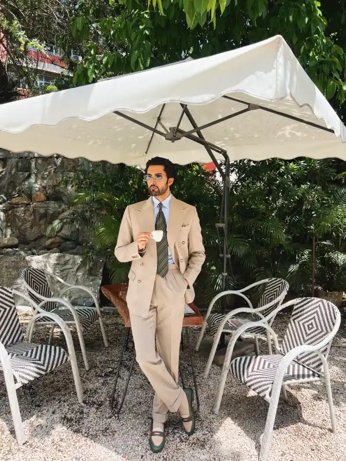 Sand-Hued Double-Breasted Suit - Elevated Summer Wedding Sophistication