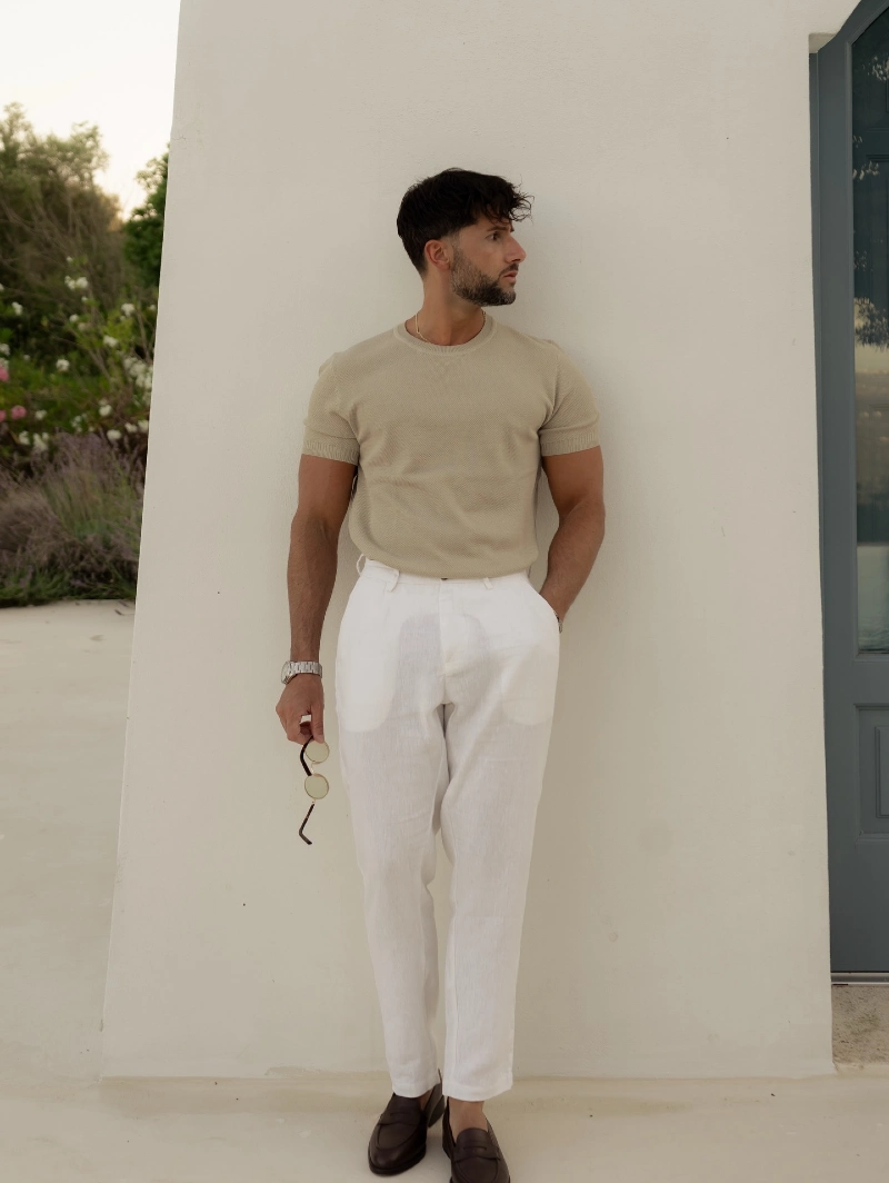 Sand Knit T-Shirt with White Linen Trousers