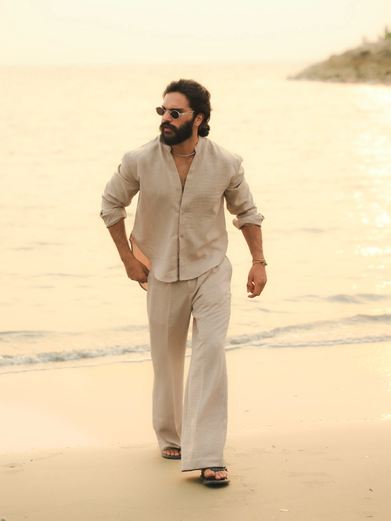 Sand Linen Shirt and Wide-Leg Trousers with Dark Leather Sandals