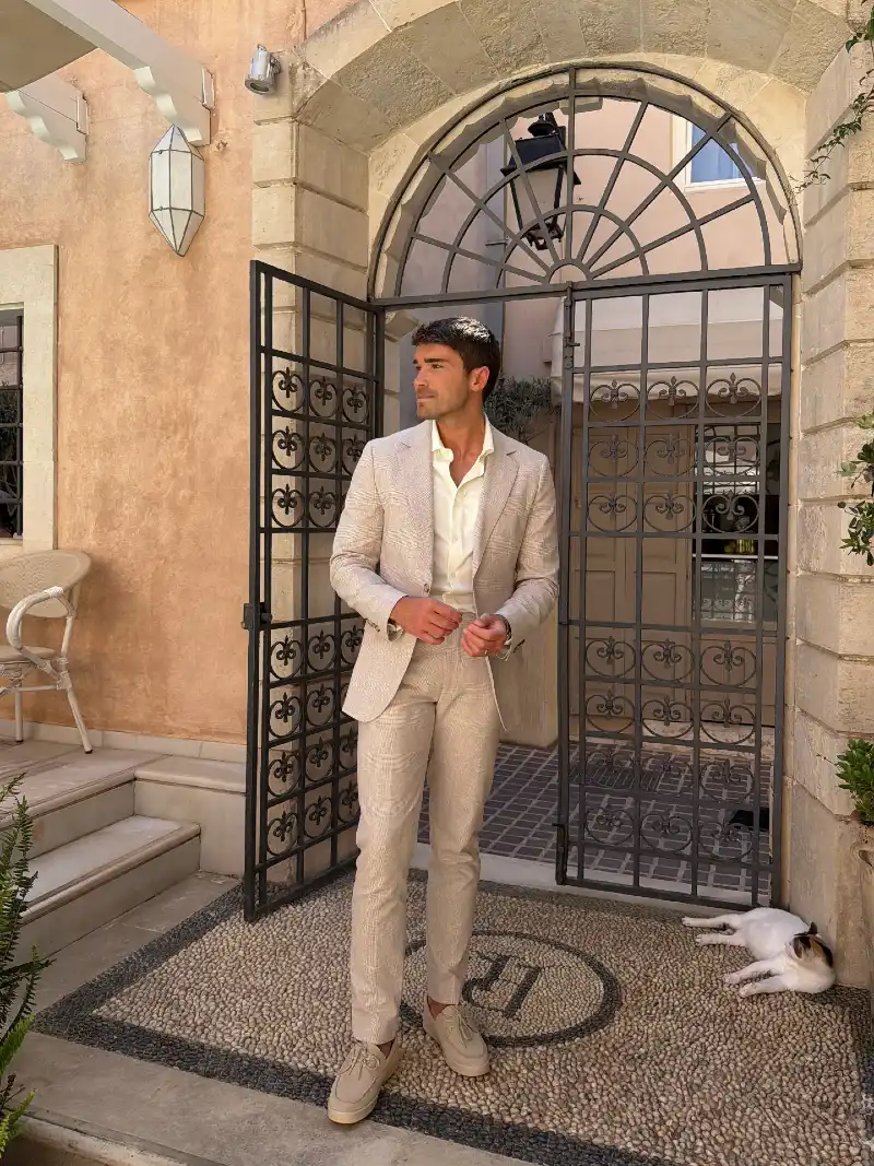 Sand Windowpane Check Suit with Cream Shirt and Suede Loafers