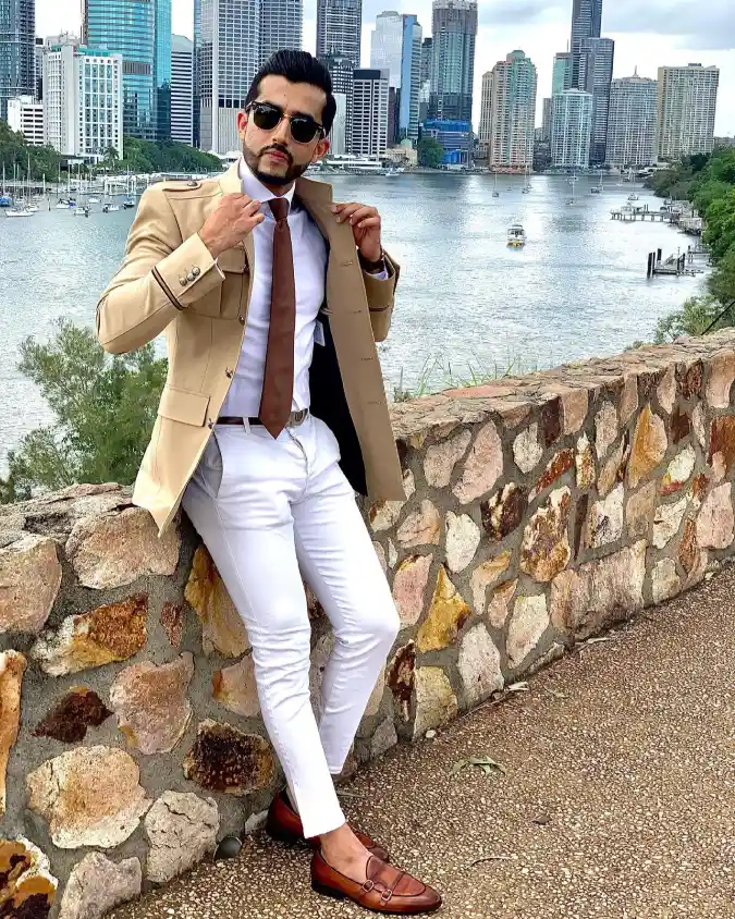 Sandstone Safari Blazer and Crisp White Trousers - Reimagining Modern Smart-Casual
