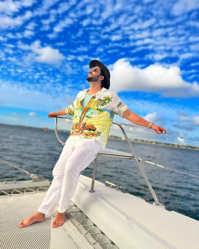 Scenic Print Resort Shirt with White Linen Trousers