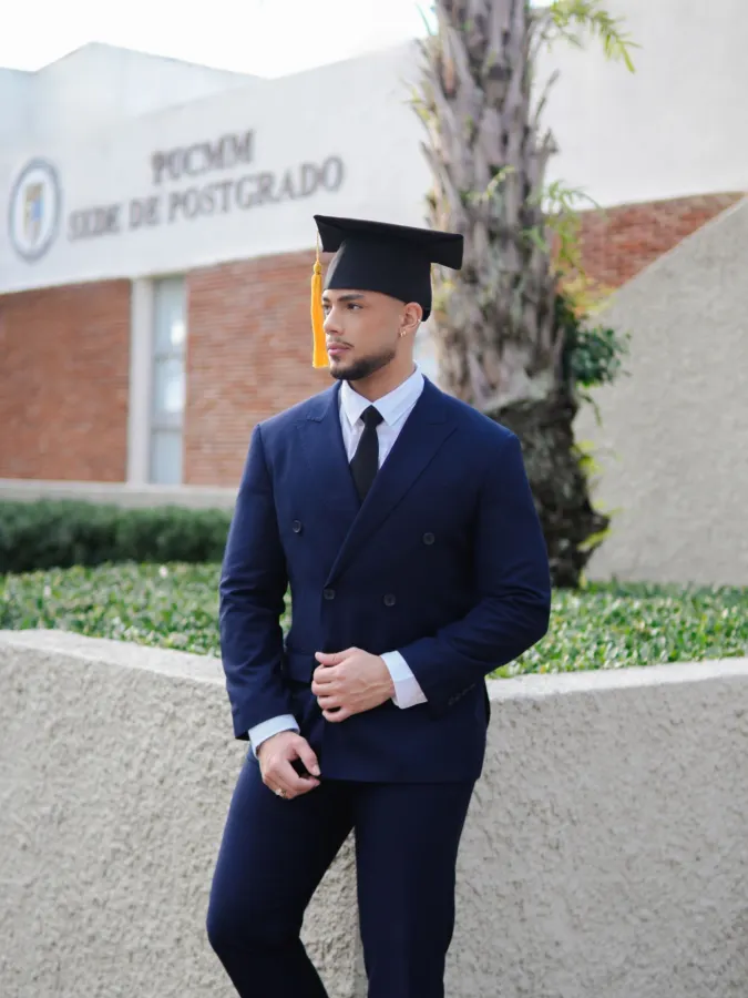 Sharp Navy Double-Breasted Tailoring - Memorable Polished Graduation Aesthetics