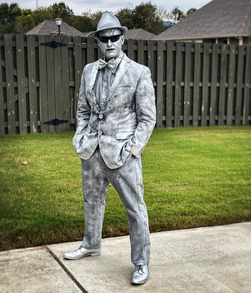 Silver Statue Suit with Fedora and Bow Tie