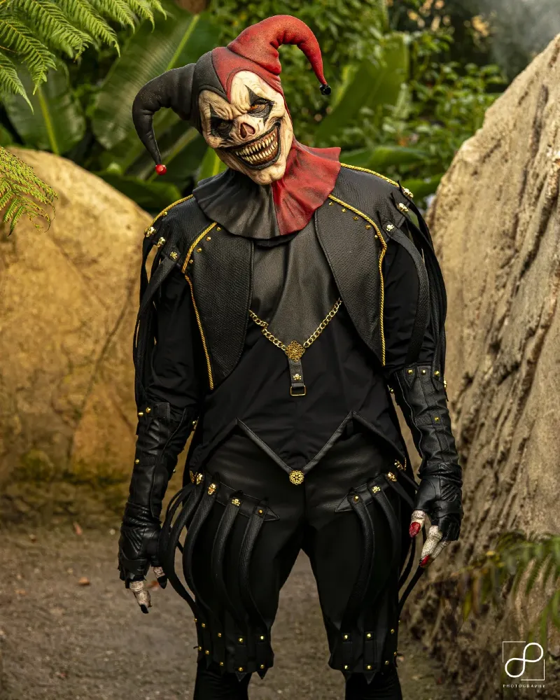 Sinister Harlequin Jester with Gold Trim and Pointed Mask