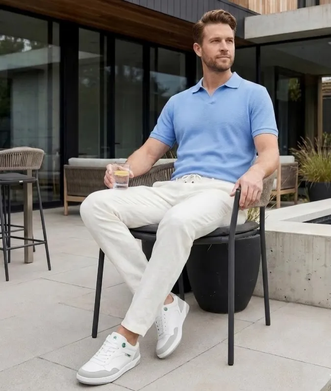 Sky Blue Textures Meets Crisp Cream Trousers - Elevating Weekend Leisure